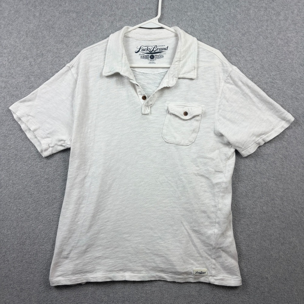 Lucky Brand Shirt Mens Large White Slub Cotton Jersey Pocket Polo Resort Preppy
